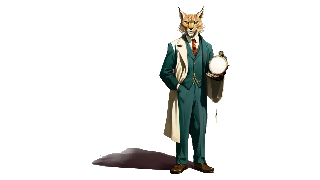 The lynx doorkeeper holding up a large pocket watch whose face is completely blank