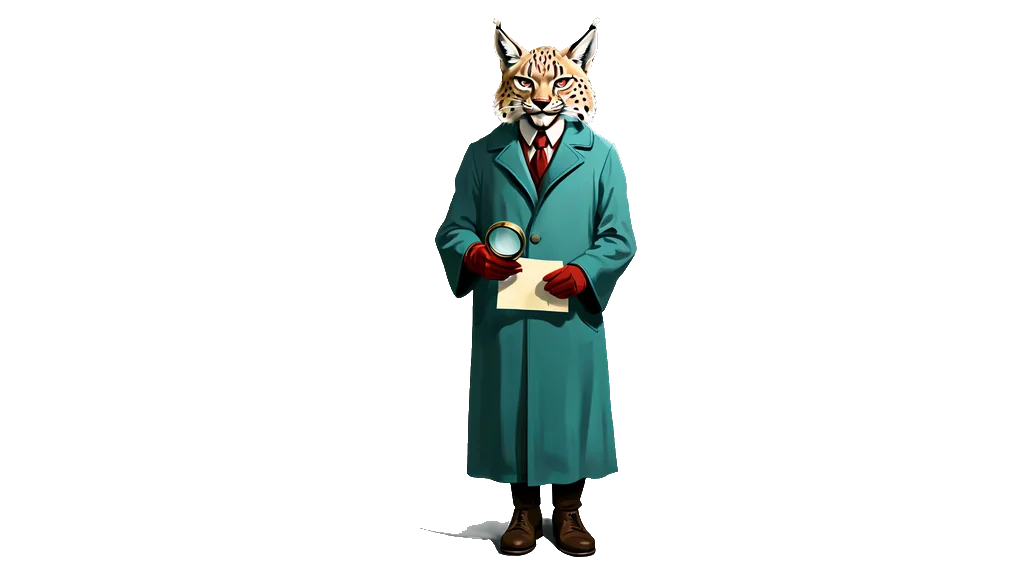 The lynx doorkeeper reading a document closely through a magnifying glass