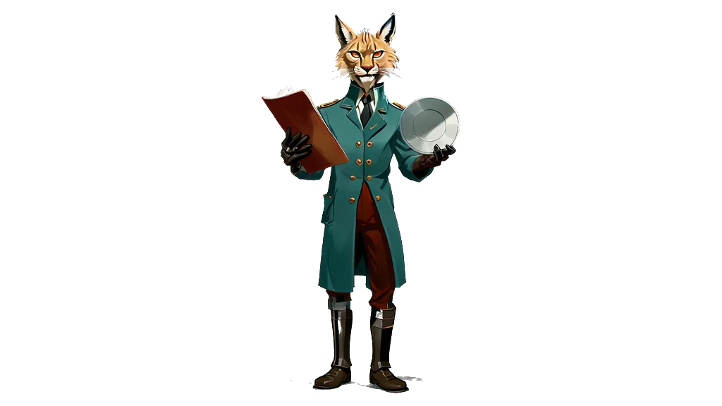 The Verification Desk: The lynx doorkeeper holding a plain unmarked metal disc in one hand and an open document in the other The lynx doorkeeper holding a plain unmarked metal disc in one hand and an open document in the other