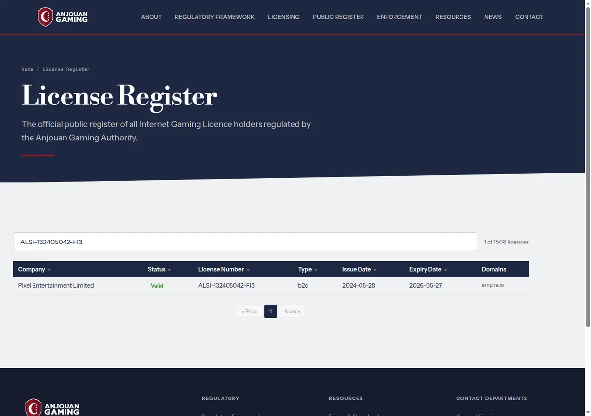 Anjouan licence register, the entry for ALSI-132405042-FI3 showing status Valid beside an expiry date of 2026-05-27