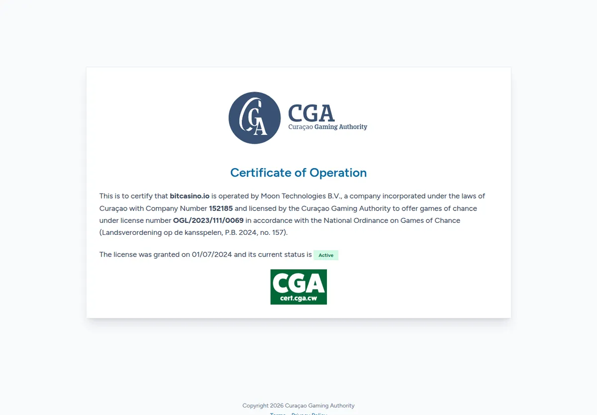 Curacao Gaming Authority certificate of operation for bitcasino.io