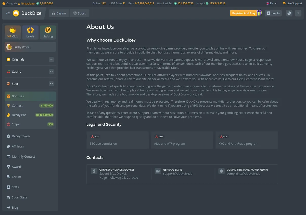 DuckDice about page, the corporate details and the list of legal and security documents