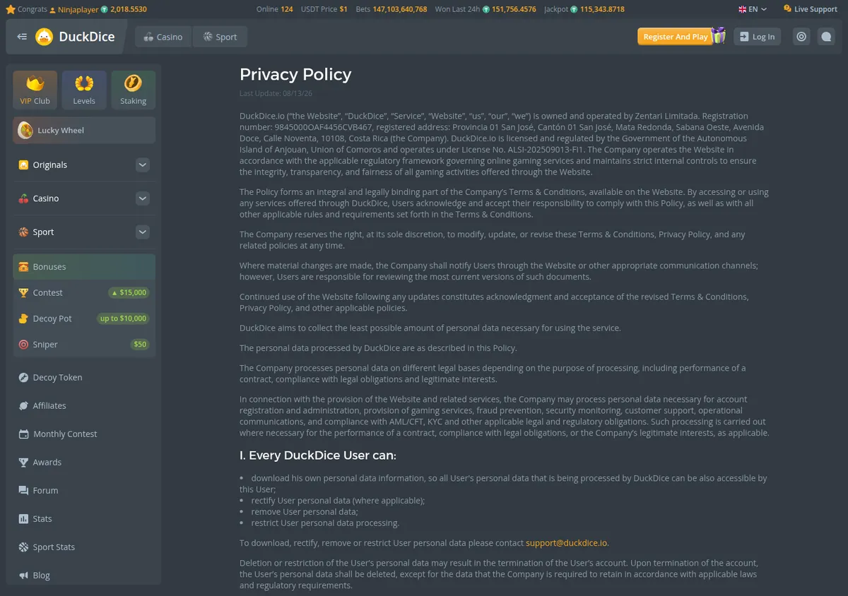 DuckDice privacy policy, the grounds for processing and the user rights section