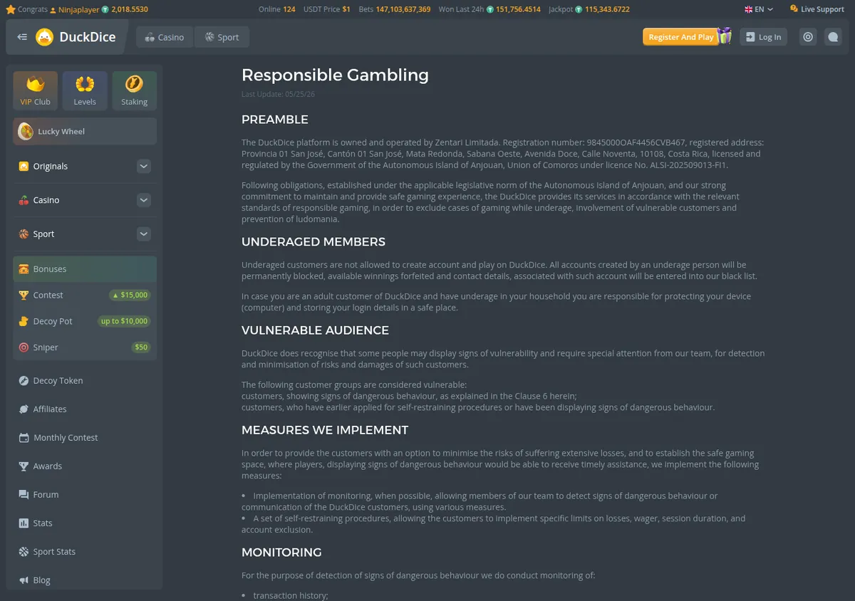 DuckDice responsible gambling policy, the underage and vulnerable-player sections