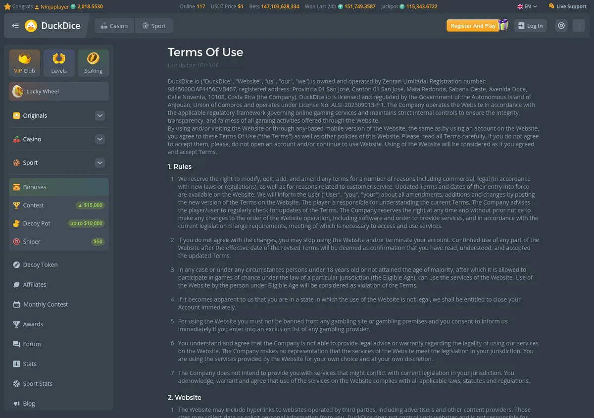 DuckDice terms of use, the header identifying the operator and licence, and clause 1