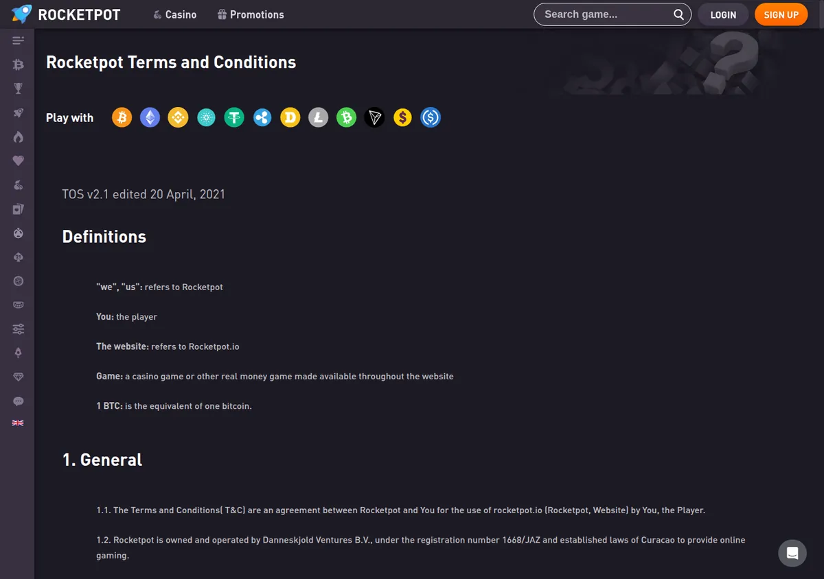 Rocketpot terms and conditions, the definitions and the opening of clause 1